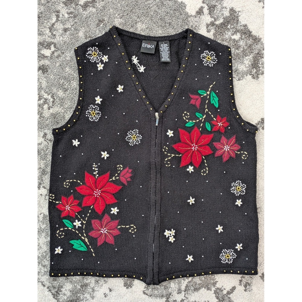 VTG Erika Christmas Sweater Vest Beaded Embroidered Holiday‎ Poinsettia